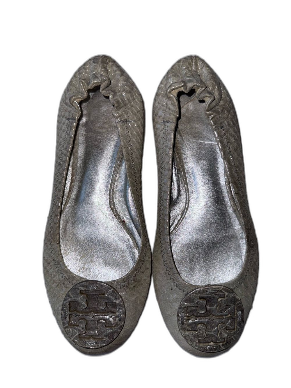 Tory Burch Women's 6 Ballet Flats Metallic Gray with Logo Medallion !
